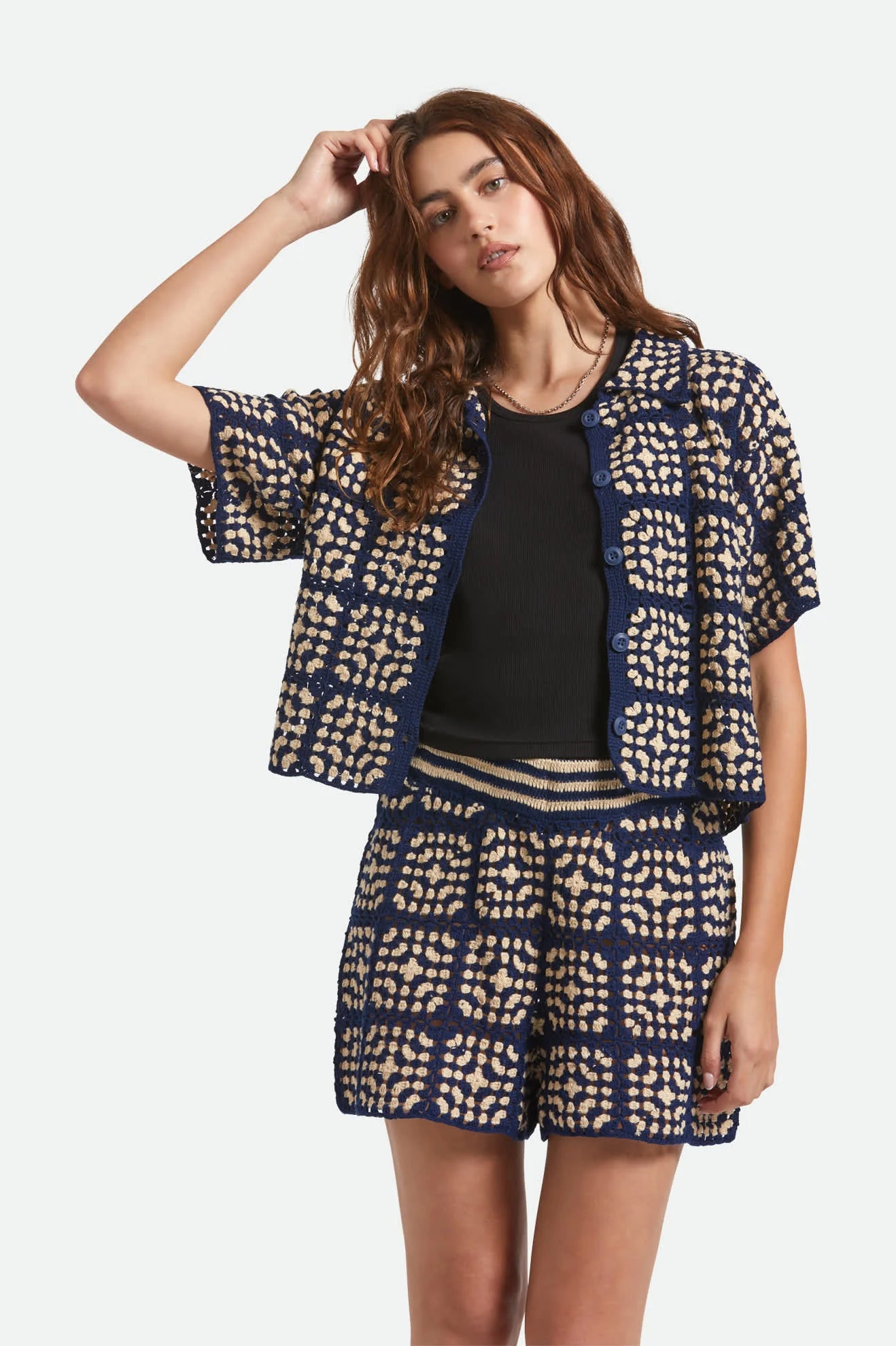 BRIXTON Crochet Short Sleeve Button Down | Mood Indigo/Off White