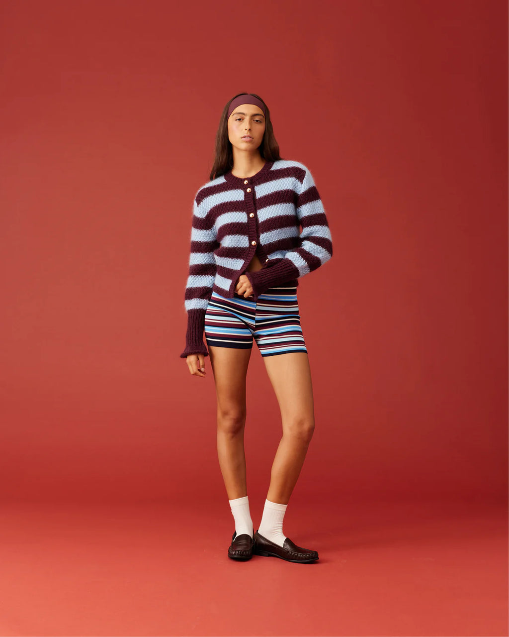 RUBY Matilda Cardigan | Burgundy Aqua Stripe
