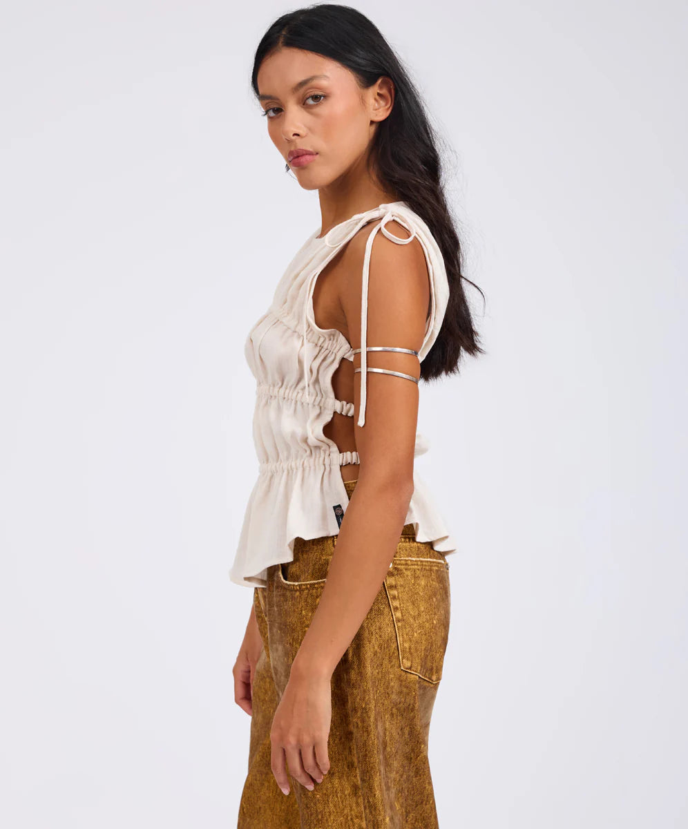 ONE TEASPOON Evelyn Gathered Ruched Tie Top | Cream