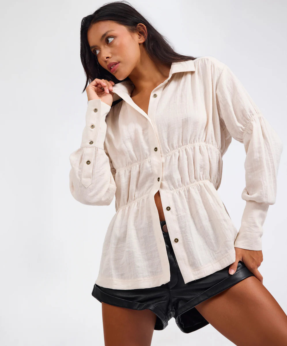 ONE TEASPOON Harper Ruched Long Sleeve Shirt | Cream