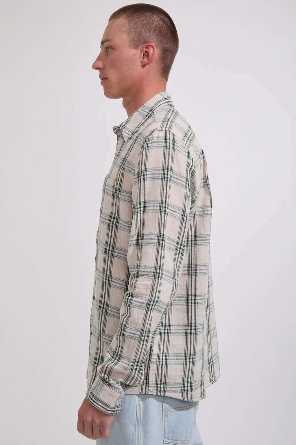 BRIXTON Charter Linen Blend Long Sleeve | Off White/Ivy green Plaid