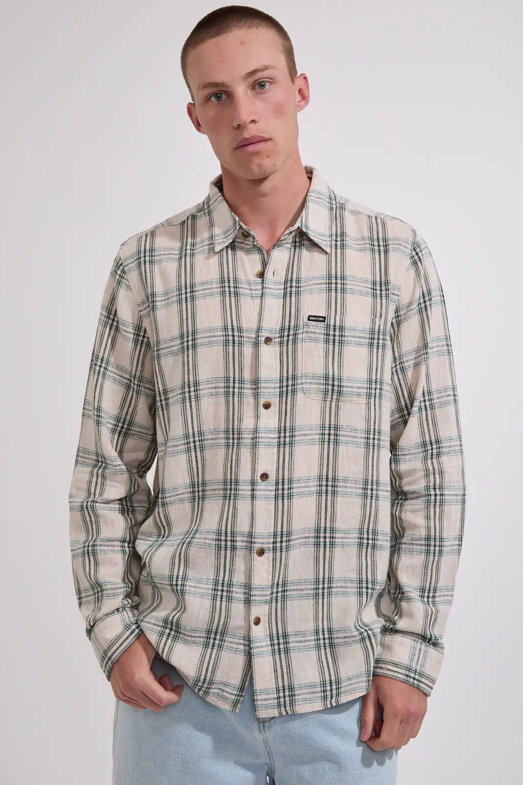 BRIXTON Charter Linen Blend Long Sleeve | Off White/Ivy green Plaid