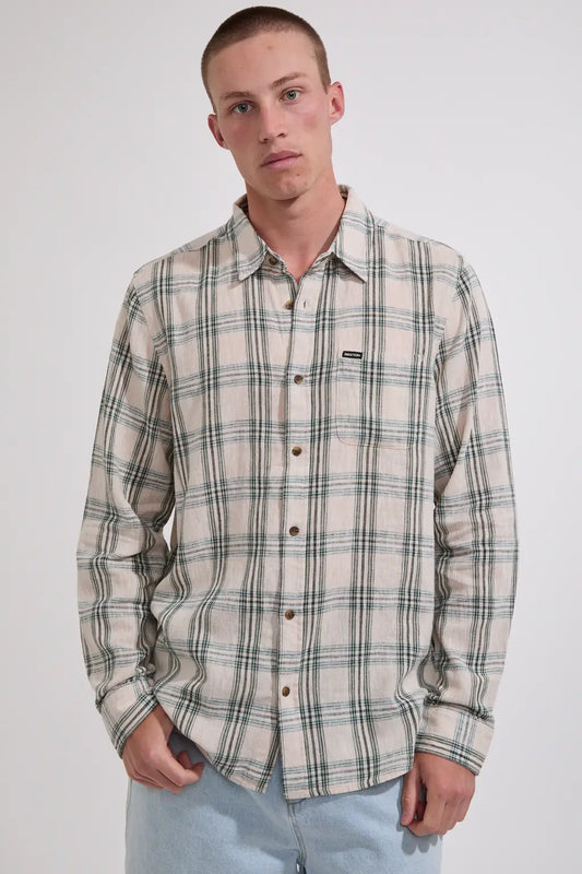 BRIXTON Charter Linen Blend Long Sleeve | Off White/Ivy green Plaid