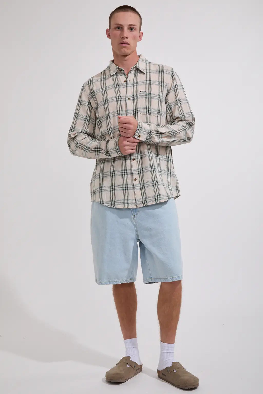 BRIXTON Charter Linen Blend Long Sleeve | Off White/Ivy green Plaid