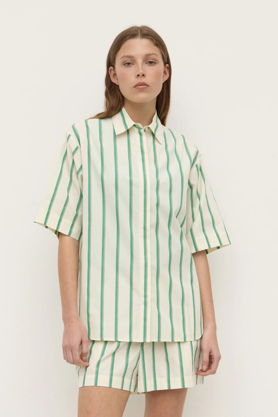 ASSEMBLY LABEL Agnes Stripe Short Sleeve Shirt | Butter/Bright Green
