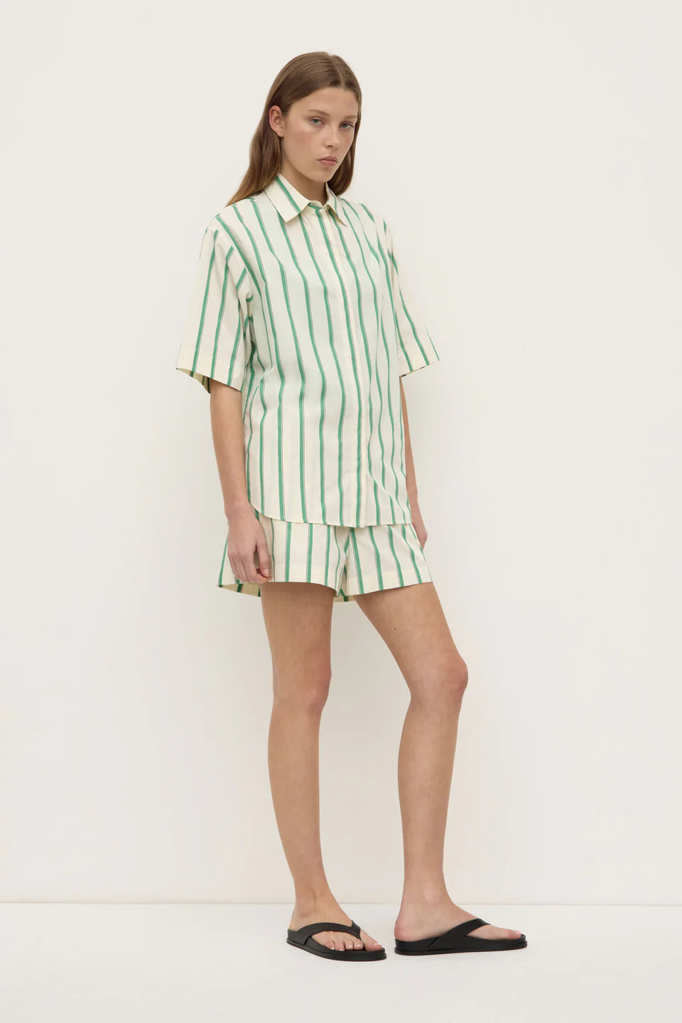 ASSEMBLY LABEL Agnes Stripe Short Sleeve Shirt | Butter/Bright Green