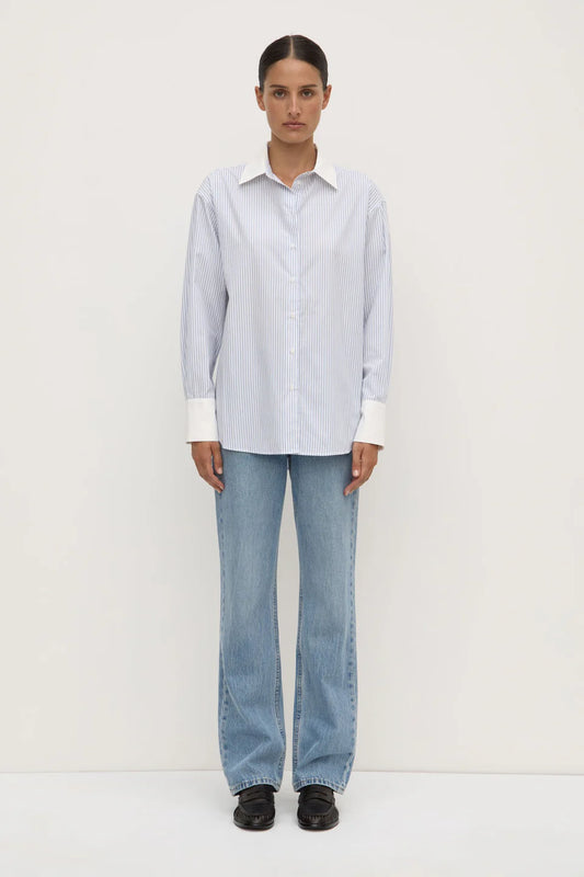 ASSEMBLY LABEL Alec Poplin Stripe Shirt | Blue/White Stripe