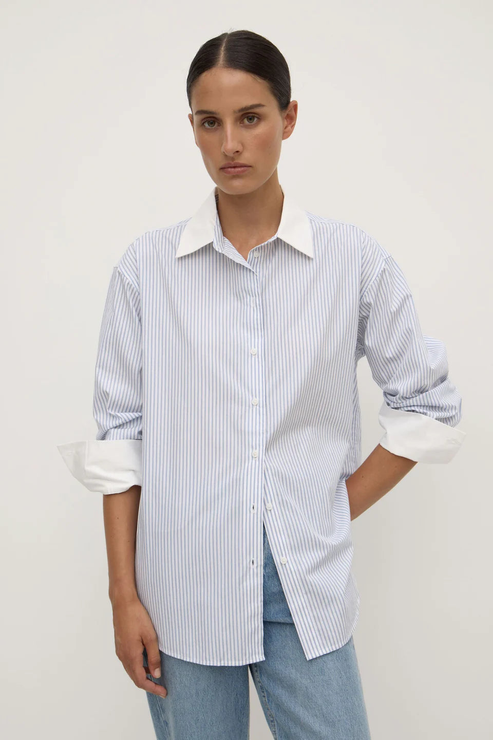 ASSEMBLY LABEL Alec Poplin Stripe Shirt | Blue/White Stripe