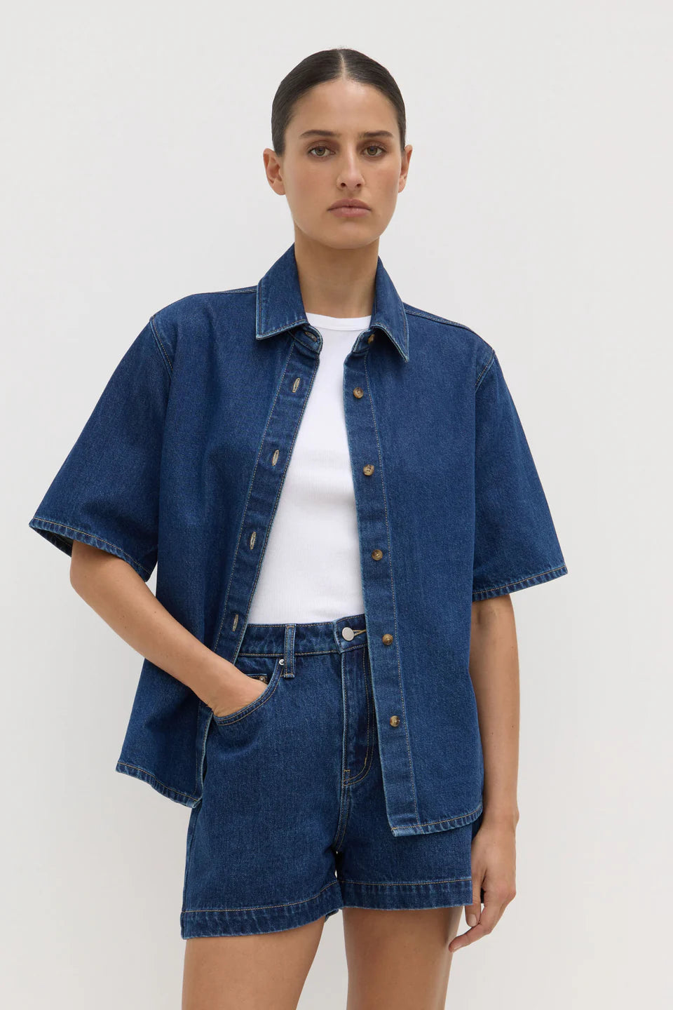 ASSEMBLY LABEL Boxy Denim Short Sleeve Shirt | Heritage Blue