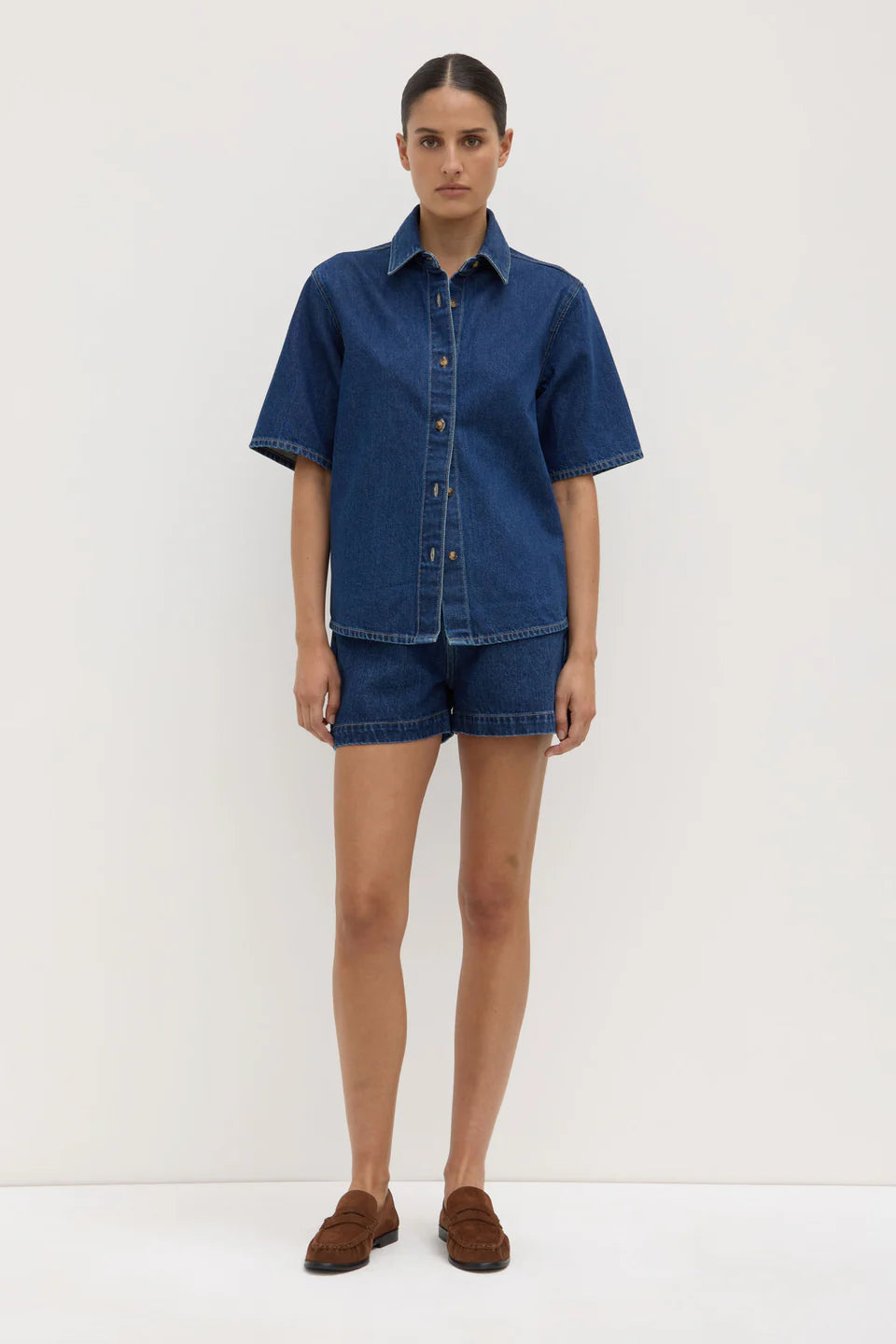 ASSEMBLY LABEL Boxy Denim Short Sleeve Shirt | Heritage Blue