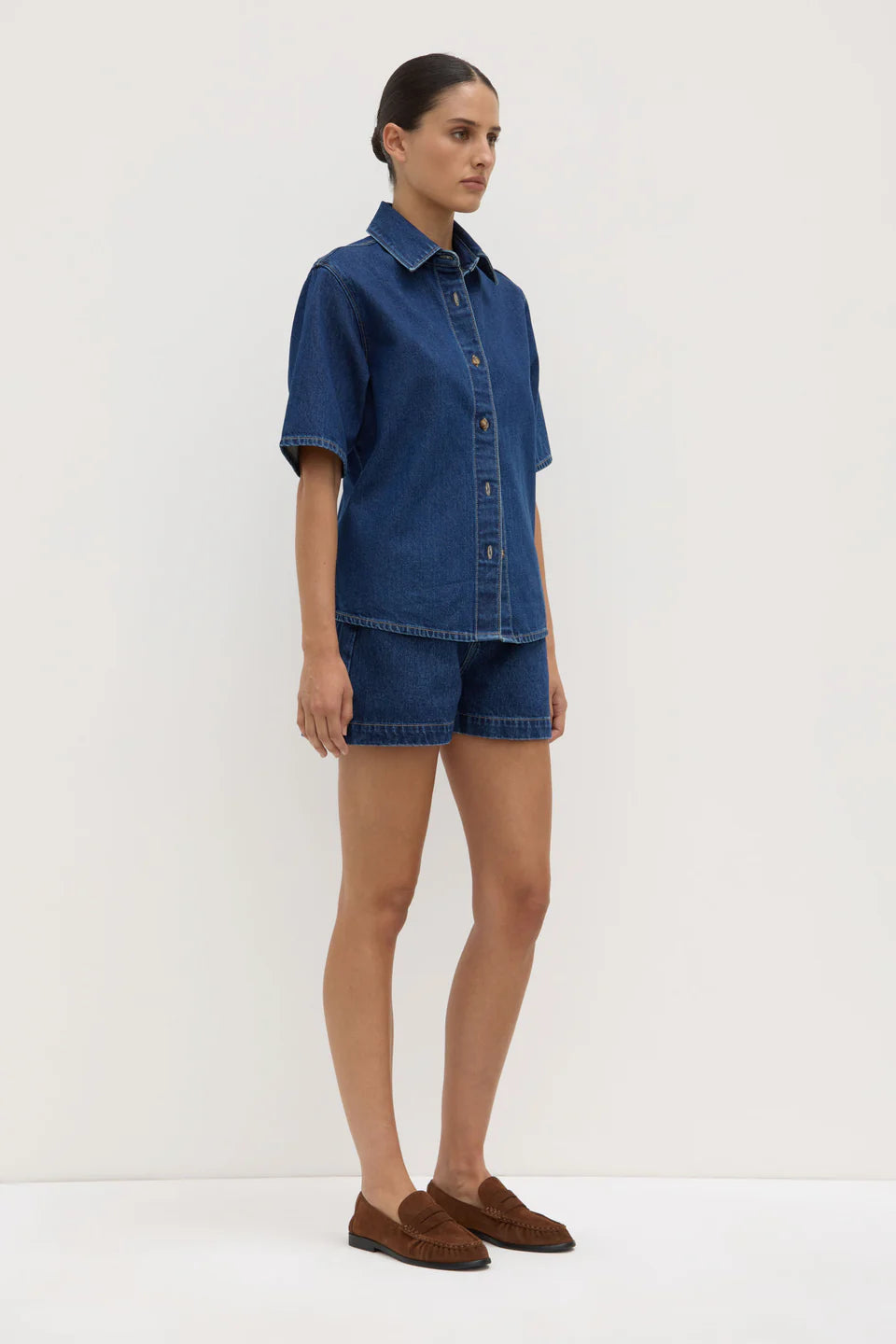 ASSEMBLY LABEL Boxy Denim Short Sleeve Shirt | Heritage Blue