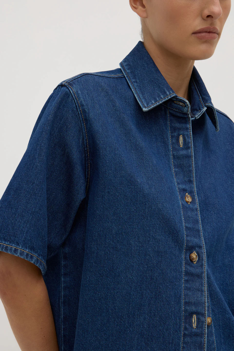 ASSEMBLY LABEL Boxy Denim Short Sleeve Shirt | Heritage Blue