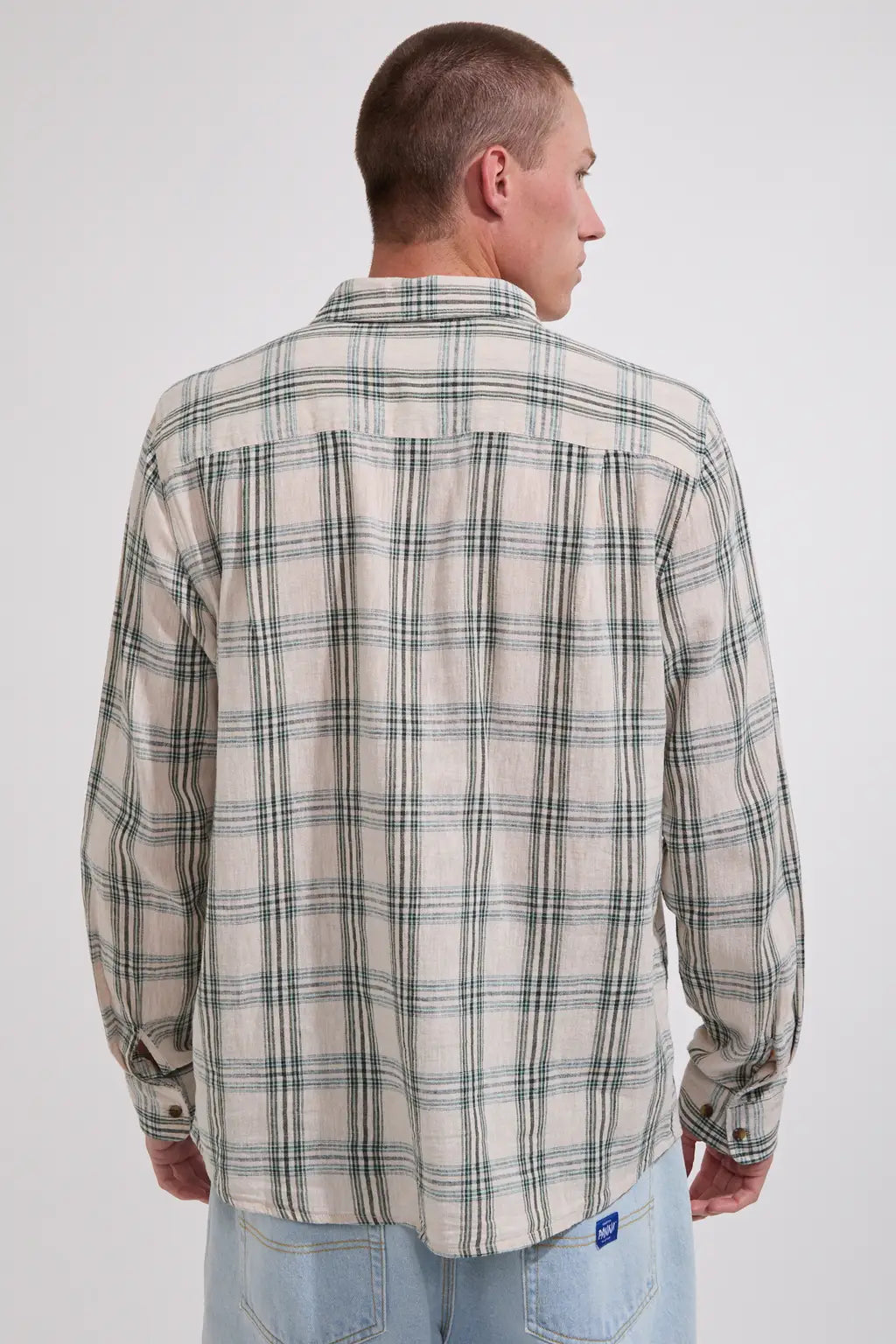 BRIXTON Charter Linen Blend Long Sleeve | Off White/Ivy green Plaid