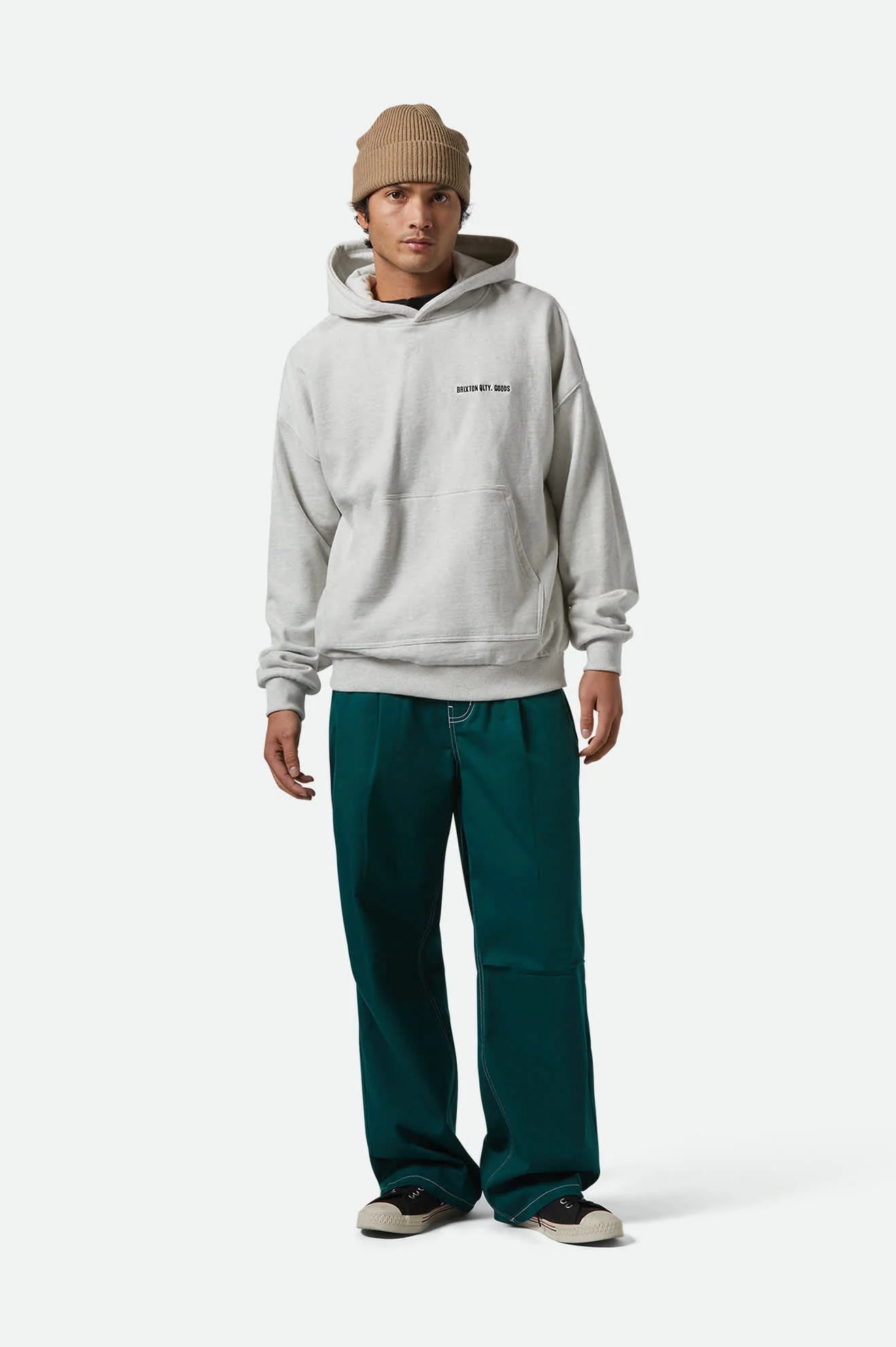 BRIXTON Embroided Heavyweight Oversized Hoodie | Heather Grey Ash