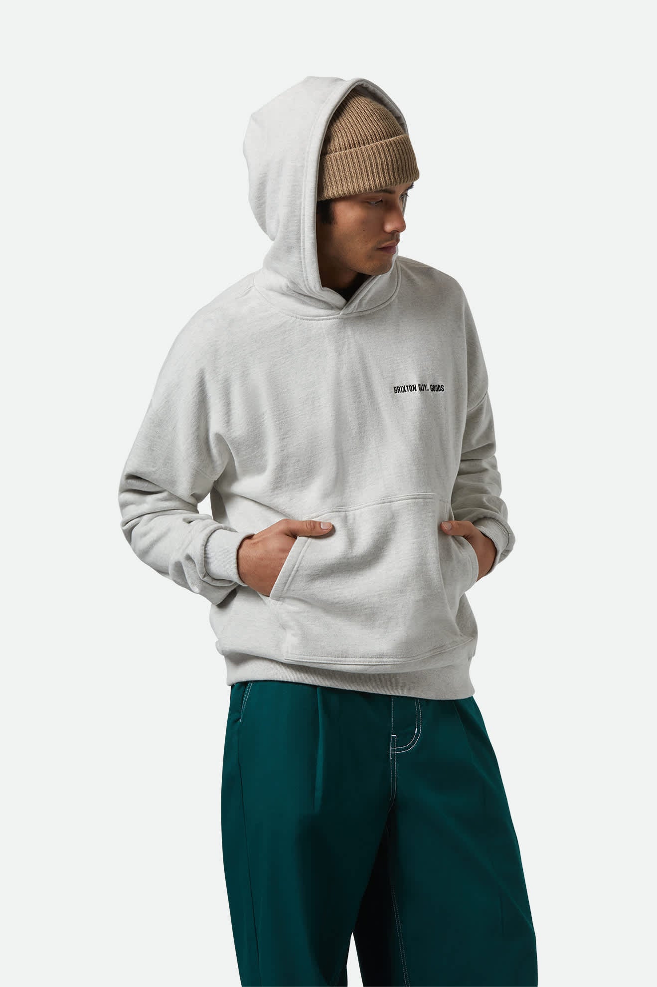 BRIXTON Embroided Heavyweight Oversized Hoodie | Heather Grey Ash