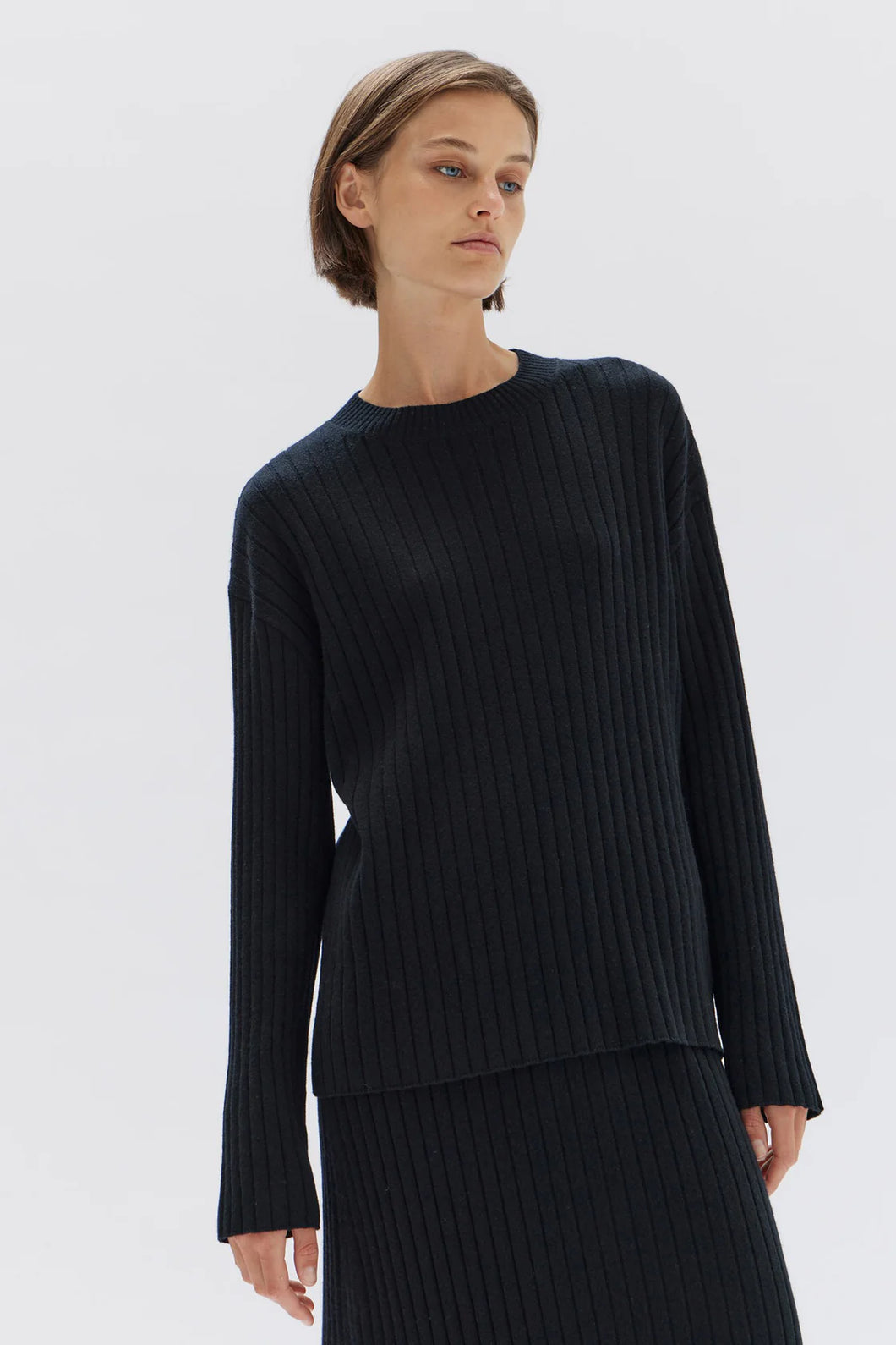 Wool Cashmere Rib Long Sleeve Top | Black