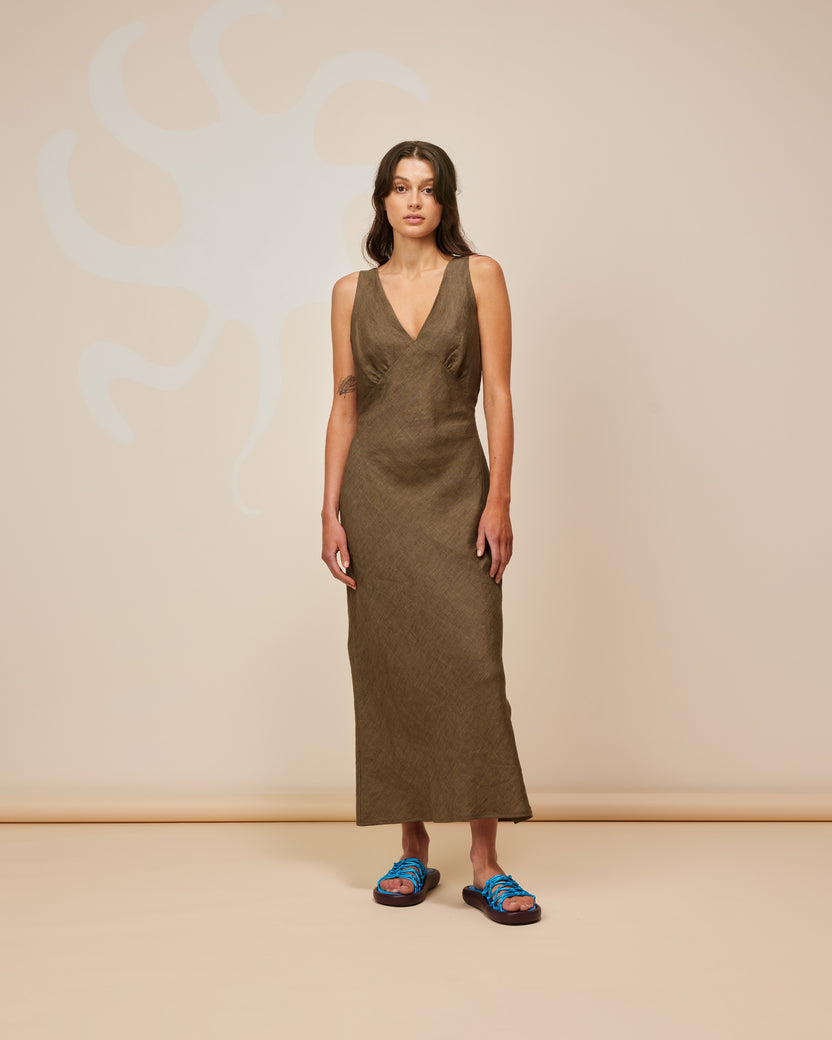 Esme Linen Slip Dress | Khaki