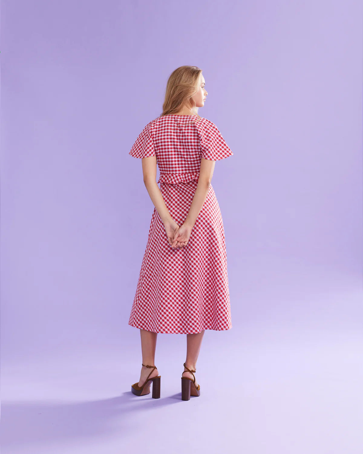 RUBY Petal Ruffle Midi Dress | Red Lilac Tartan