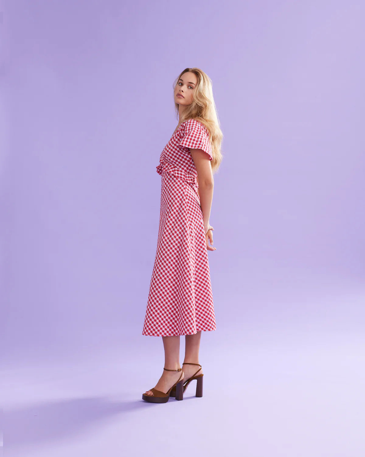 RUBY Petal Ruffle Midi Dress | Red Lilac Tartan