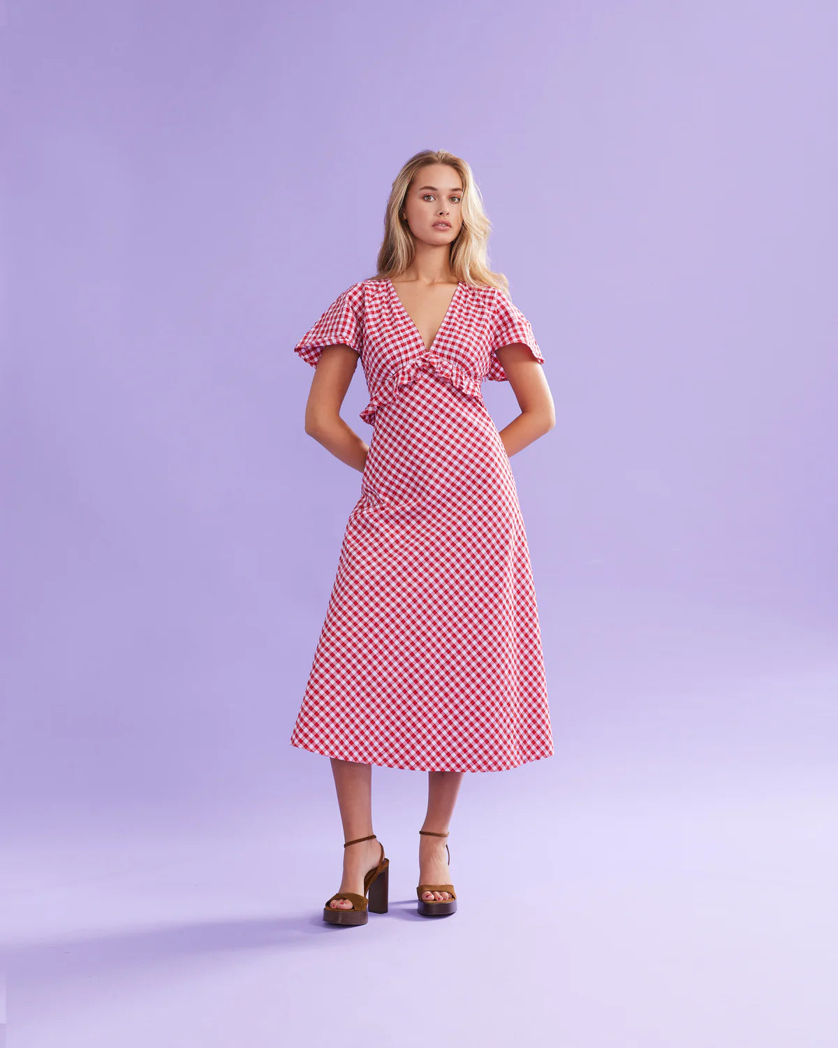 RUBY Petal Ruffle Midi Dress | Red Lilac Tartan