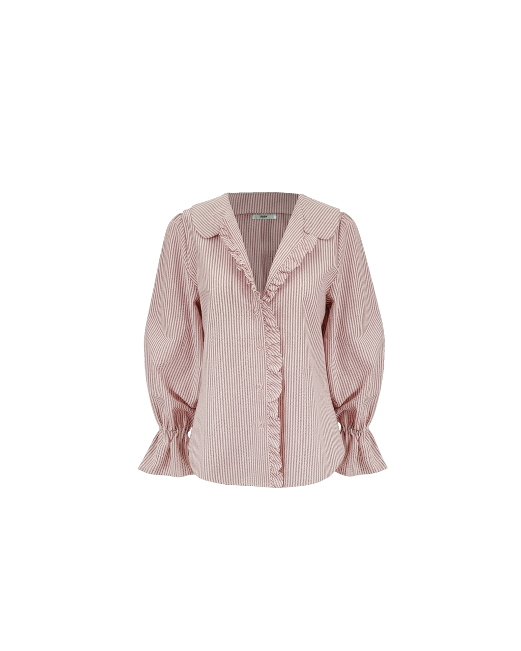 RUBY Sandler Ruffle Shirt | Pink Burgundy Stripe