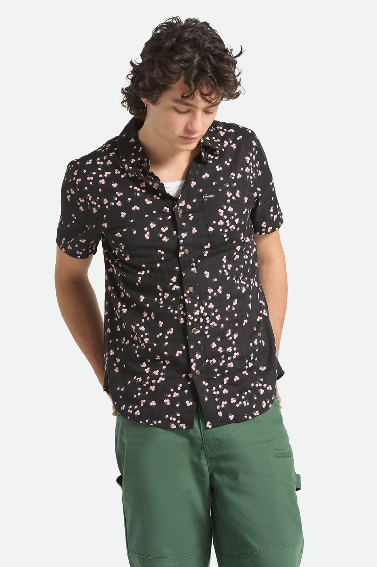 Brixton Charter Slub Short Sleeve Shirt - Black/Pink