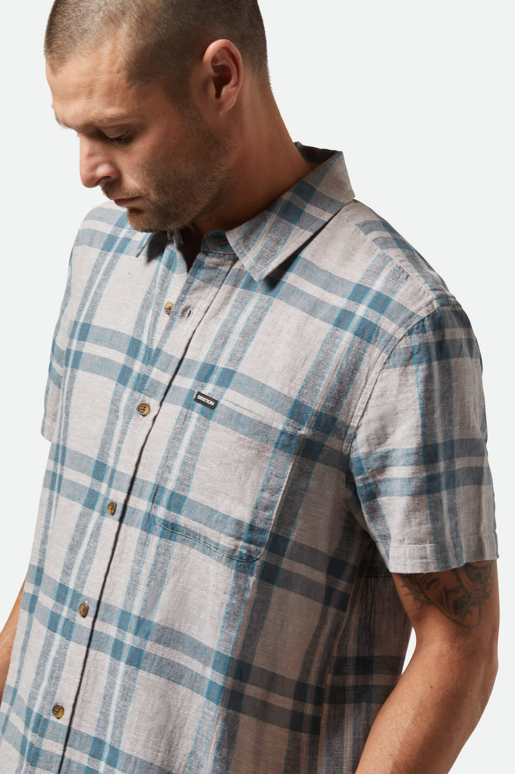 BRIXTON Charter Linen Blend | Beige/Azure Blue Plaid