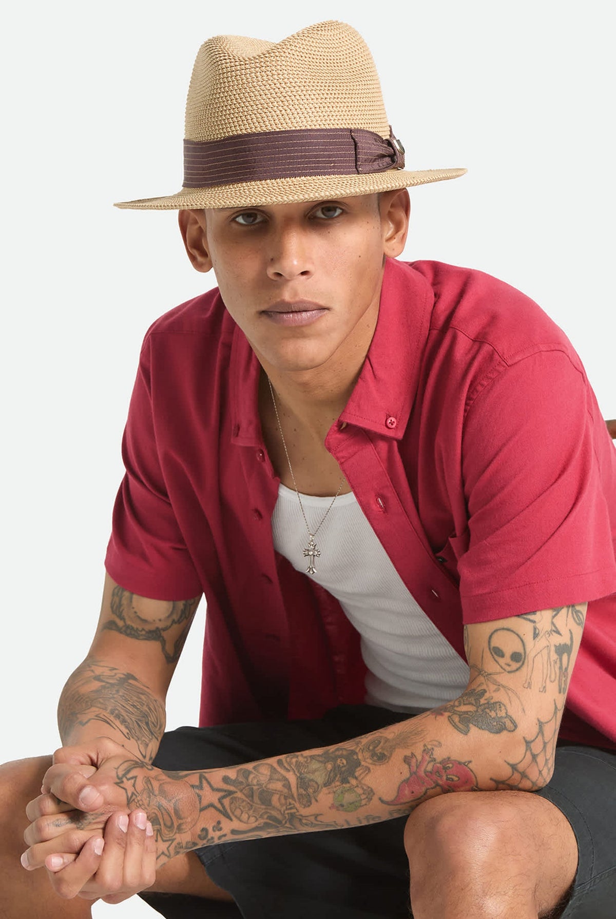 BRIXTON Roma Straw Packable Fedora | Multi Brown/Chocolate on model