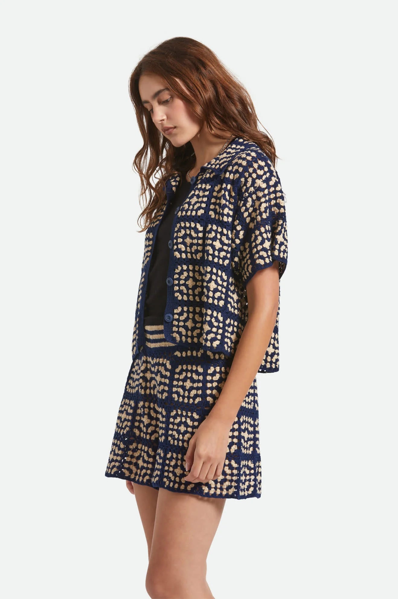 BRIXTON Crochet Short Sleeve Button Down | Mood Indigo/Off White