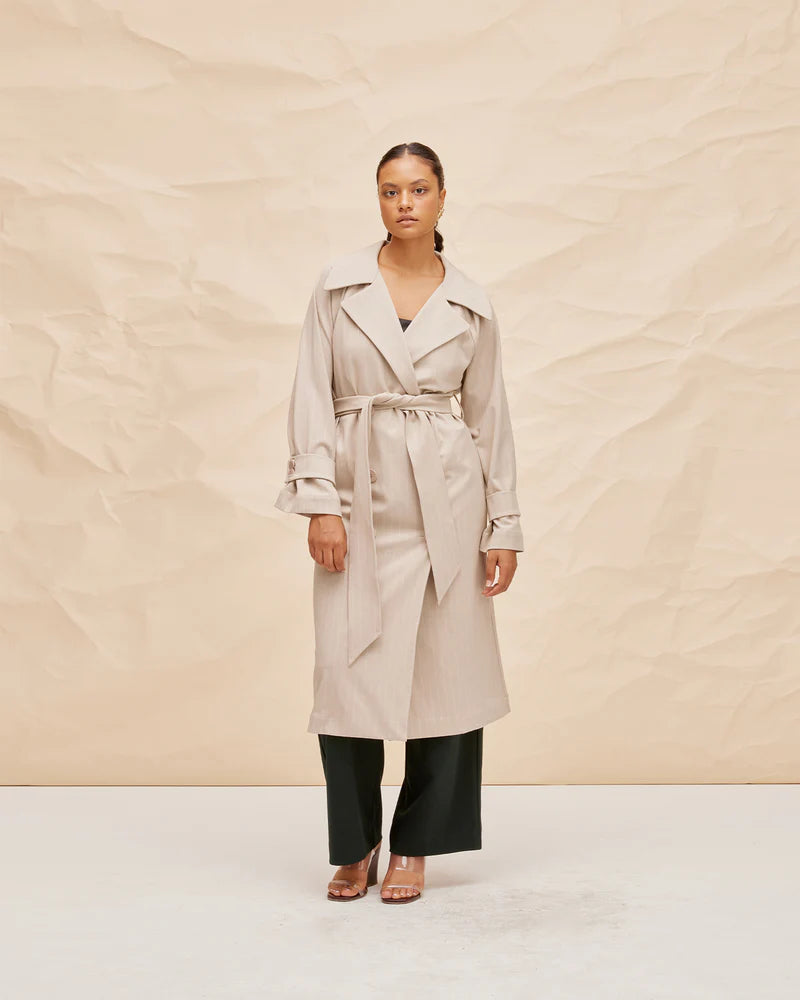 Jemima Trench Coat - Camel Pinstripe